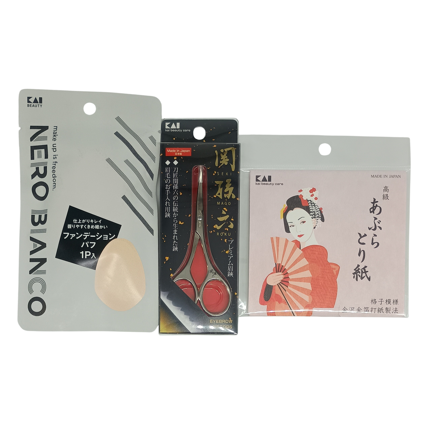 Set de Belleza Japonés – Esponja KAI, Papel Absorbente y Tijeras para Cejas – Made in Japan