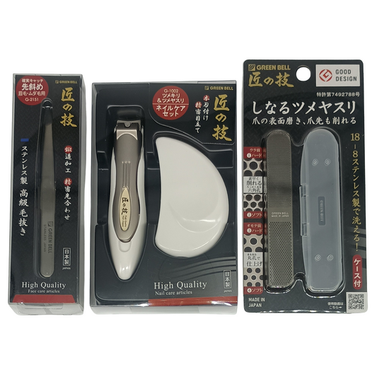 Set de Uñas Green Bell 3 Piezas – Cortaúñas, Lima Doble Cara y Pinzas de Precisión – Hecho en Japón